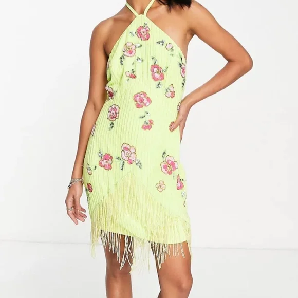 lime green embellished dress Ashley Lauren 11144 Sequin One Shoulder Prom Dress with Lace up Back Slit Tassels 16 / AB Blush/Ivory main image 0
